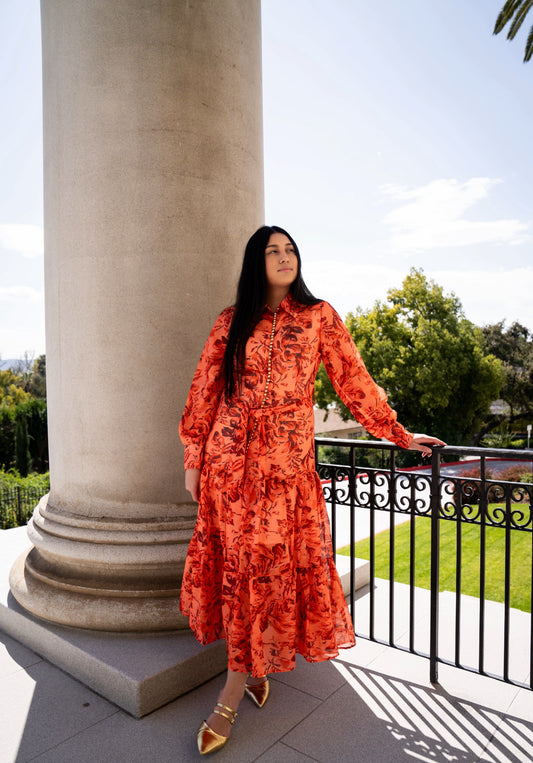 Floral Print Chiffon Maxi Dress In Coral