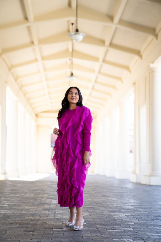 Rose Pink Pleated Long Sleeve Dress