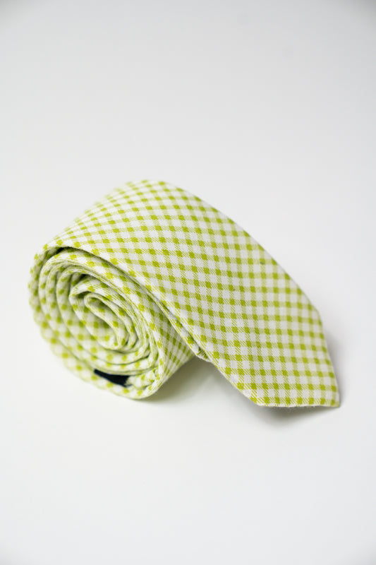 Lime Gingham Necktie With Pocket Square