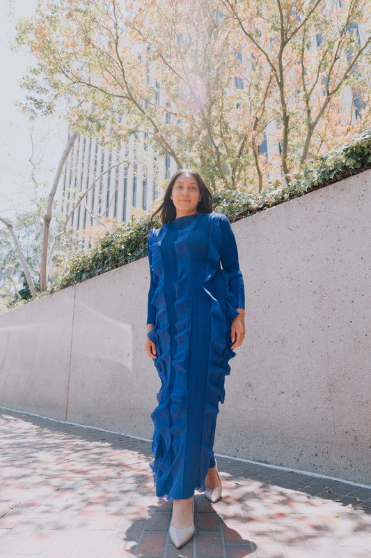 Royal Blue Pleated Long Sleeve Dress