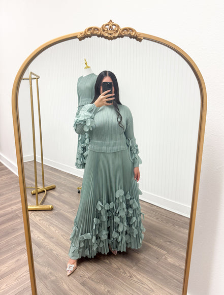 Sage Petal Pleated Dress