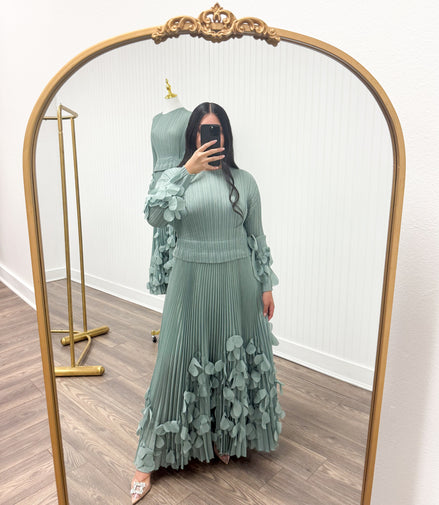 Sage Petal Pleated Dress