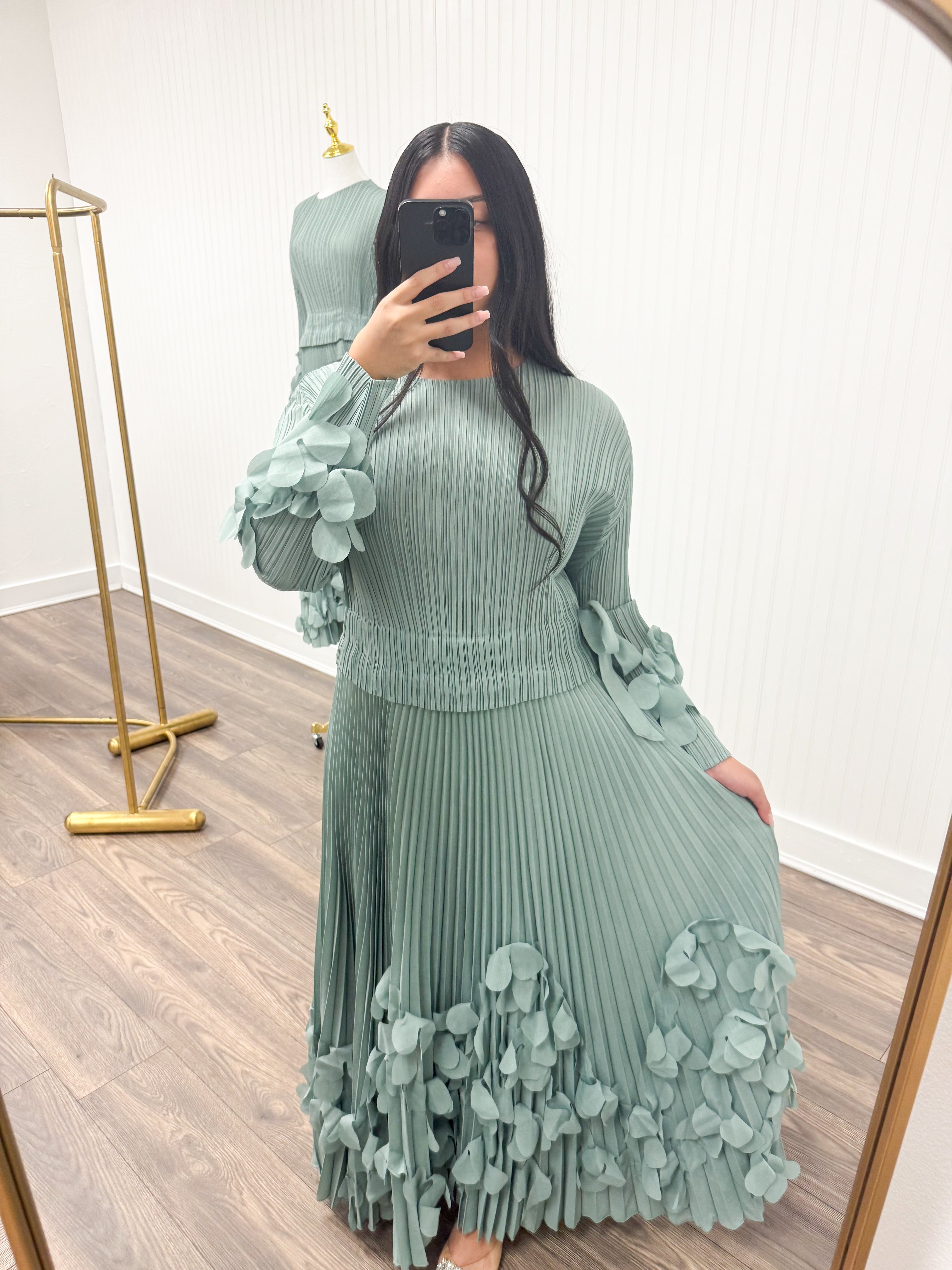 Sage Petal Pleated Dress
