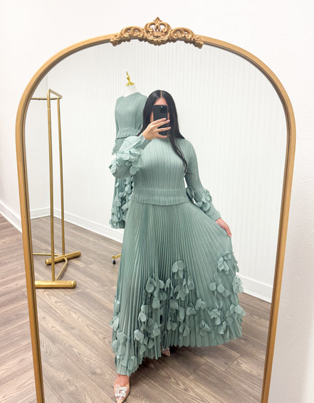 Sage Petal Pleated Dress