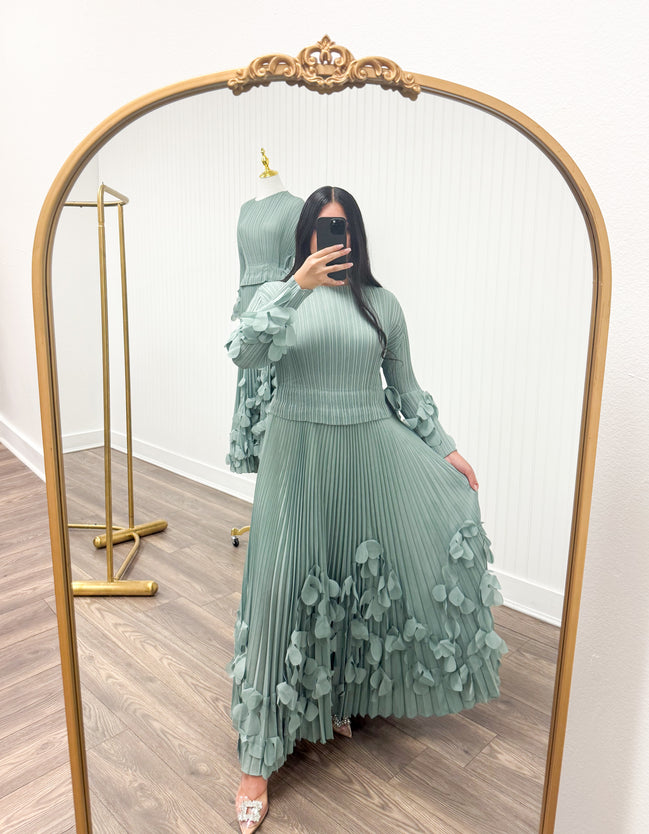 Sage Petal Pleated Dress