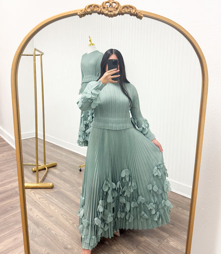Sage Petal Pleated Dress