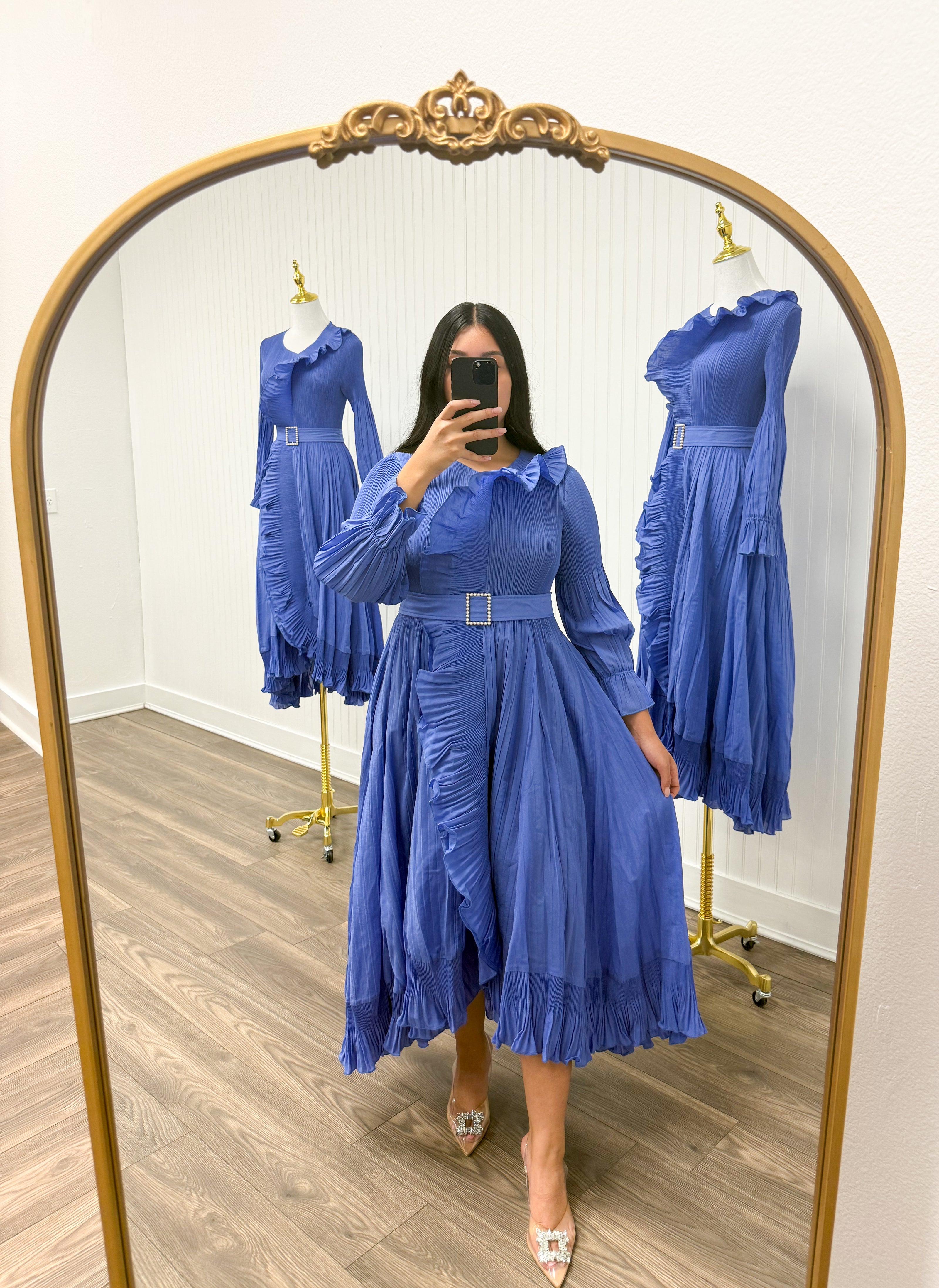 The Pearl Buckle Dress in Royal Periwinkle