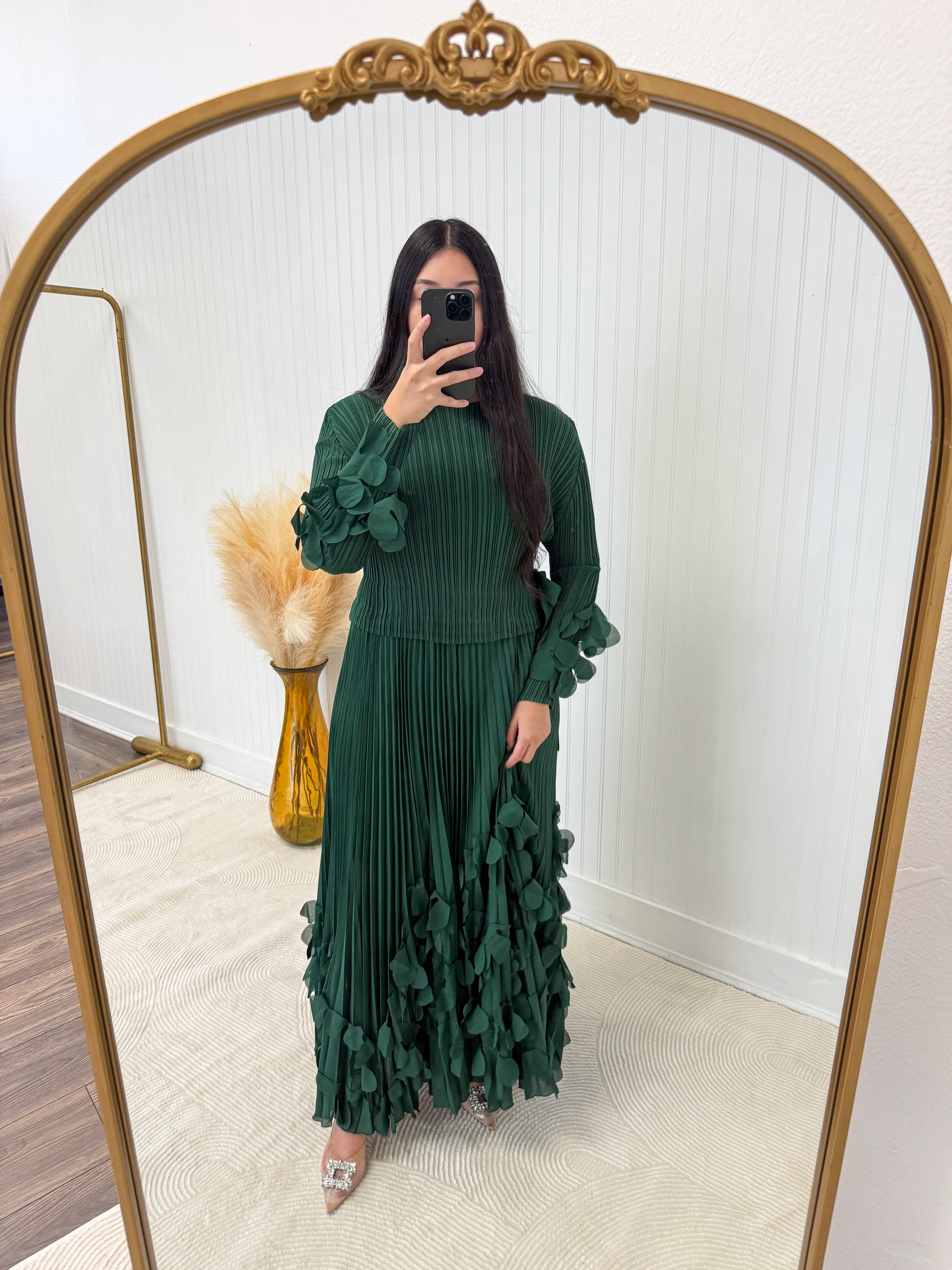 Dark Green 3D Floral Appliqué Dress