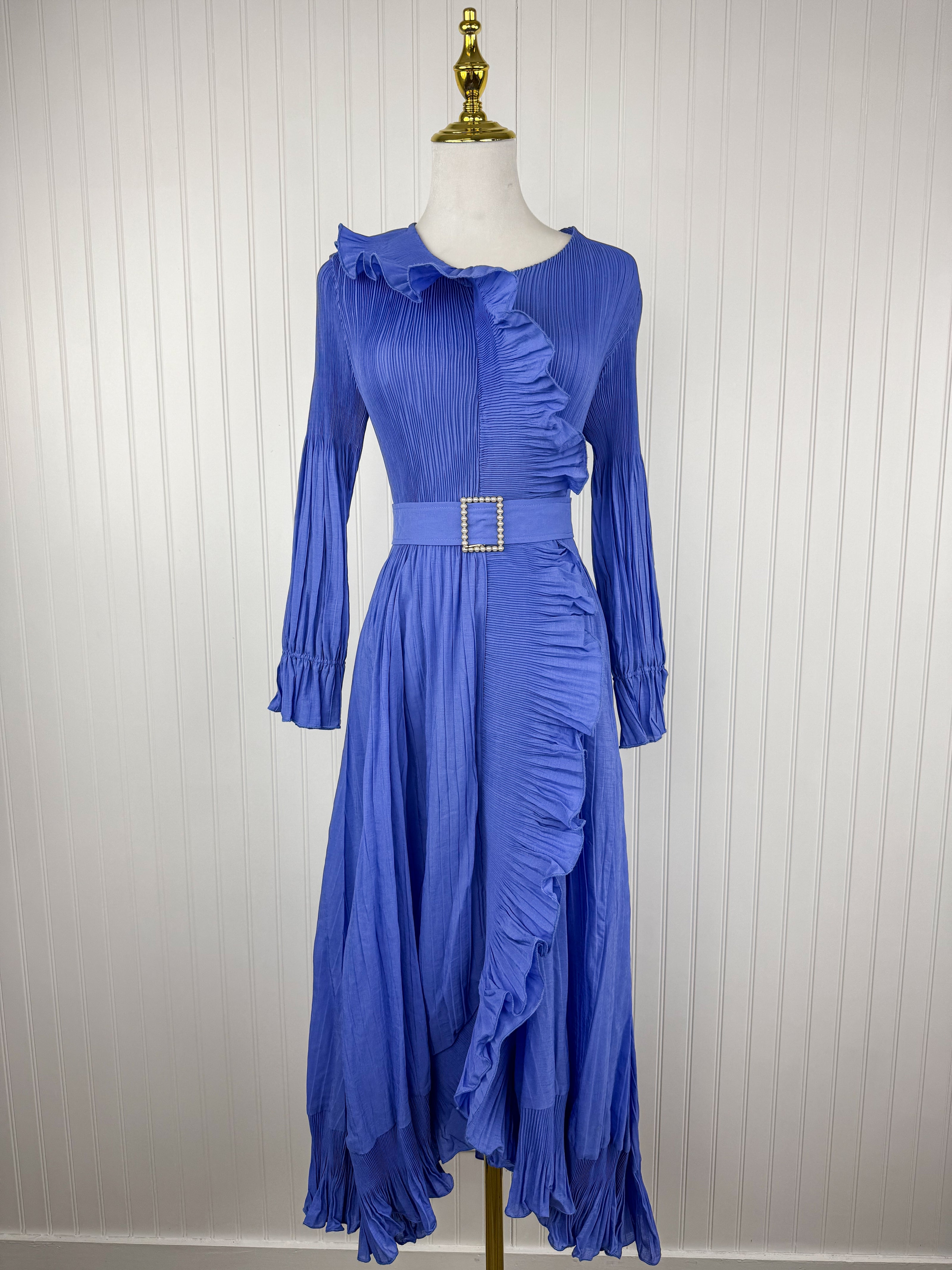 The Pearl Buckle Dress in Royal Periwinkle